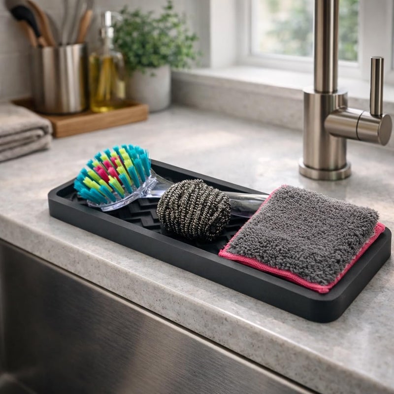Happitasa Silicone Kitchen Sink Organizer Tray, Sponge Holder and Countertop Protector | Bathroom and Kitchen Soap Dish and Dispenser Tray (Black, 12" x 4", 9.2 Ounces, Zigzag) - Image 3